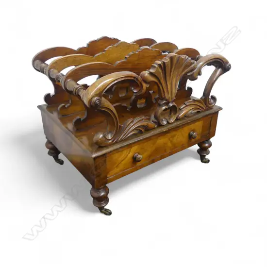 VICTORIAN MAHOGANY CANTERBURY on casters with drawer 530x390x465mm