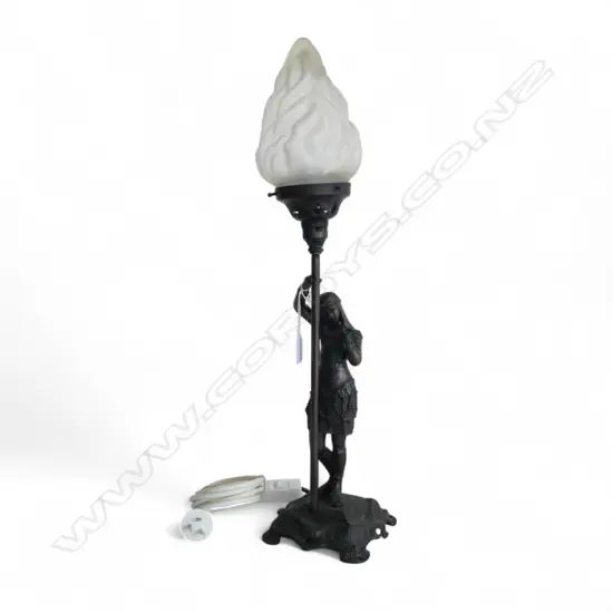 ANTIQUE SPELTER TABLE LAMP; EGYPTIAN WOMAN H.605mm