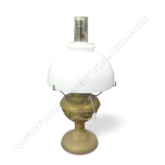 VINTAGE BRASS MILLER TABLE KERO LAMP H510 WITH MILKGLASS SHADE