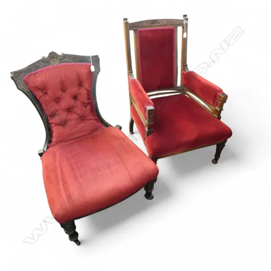 2 RED UPHOLSTERED EDWARDIAN CHAIRS