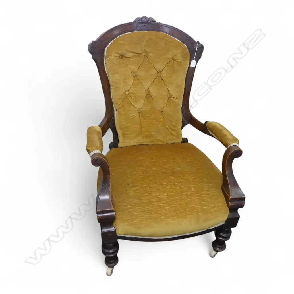 LATE VICTORIAN GREEN UPHOLSTERED BUTTON BACK GRANDFATHER CHAIR  Image 1++