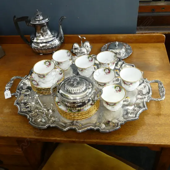 LG SILVER PLATE TRAY 650x430mm + ASST. EP, ROYAL ALBERT CELEBRATION TRIOS...