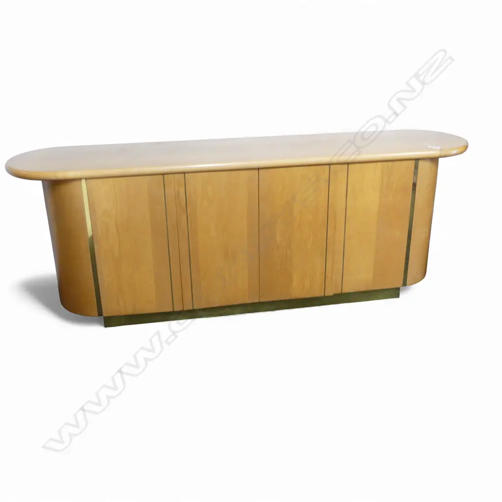 1990's designer SIDEBOARD long low form. Pale timber with gilt metal banded highlights. L.2070mm. h.740mm Image 1++