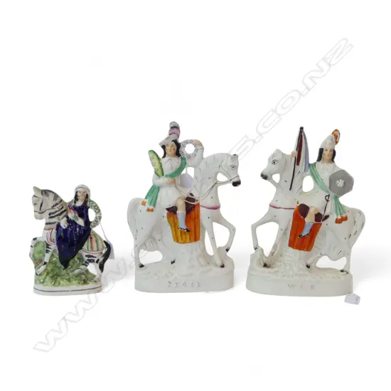 3 STAFFORDSHIRE FLATBACKS; 2 HORSEMAN AND A LADY various sizes H.310mm faults