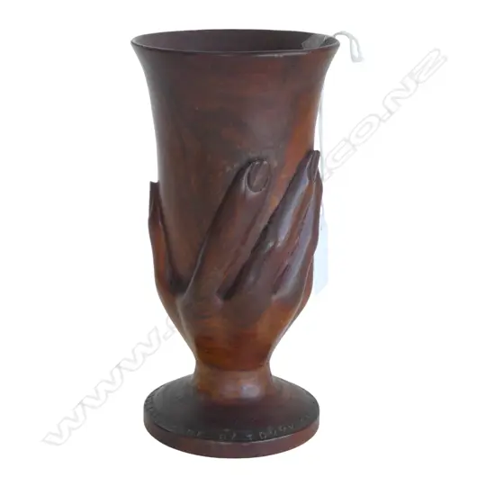PITCAIRN HAND VASE, 'SOUVENIR FROM PITCAIRN ISLAND. MADE BY TOMMY WARREN' H.180mm