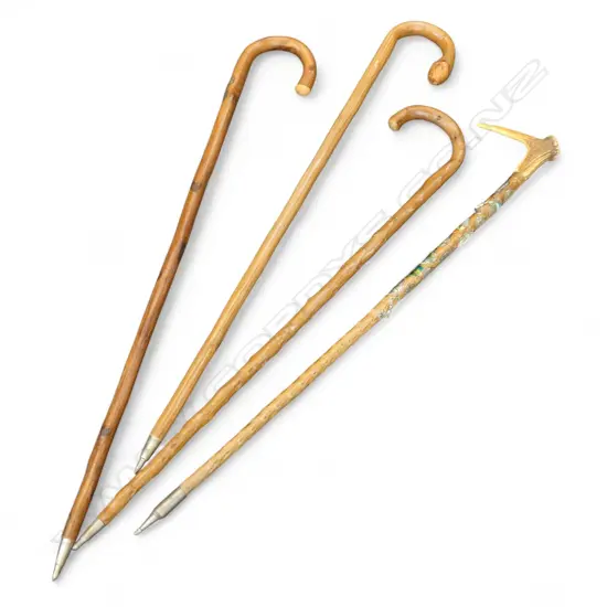 4 WALKING STICKS one with horn handle & German souvenir tags H.970mm