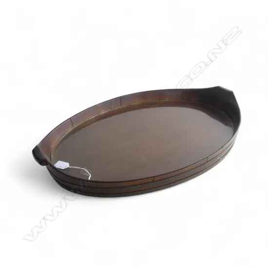 LGE 19THC MAHOGANY OVAL TRAY with glass insert. Coopered w brass bands. some loose sections. L.640mm