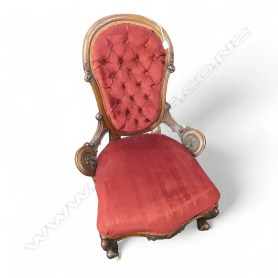 VICTORIAN RED UPHOLSTERED BUTTON BACK GRANDMOTHER CHAIR