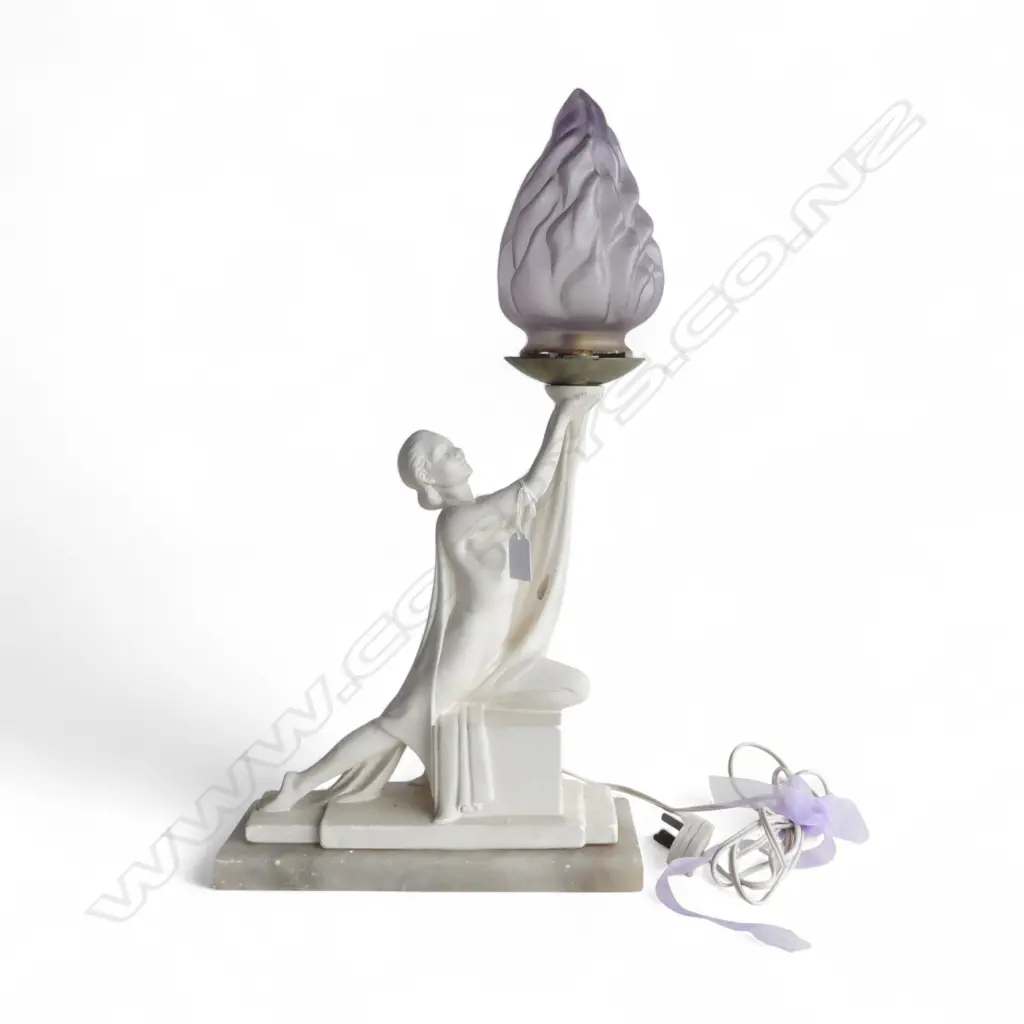 VINTAGE ART DECO PLASTER FIGURAL FLAME TABLE LAMP ON ALABASTER BASE L310 H560MM Image 1++
