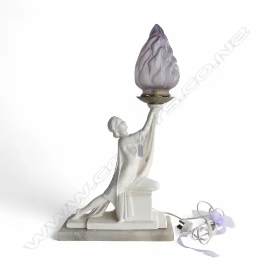 VINTAGE ART DECO PLASTER FIGURAL FLAME TABLE LAMP ON ALABASTER BASE L310 H560MM