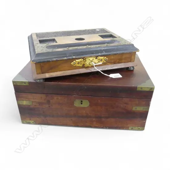 ANTIQUE MAHOGANY WRITING SLOPE (NOT LINED) W.400mm + INK DESK STAND W.320mm