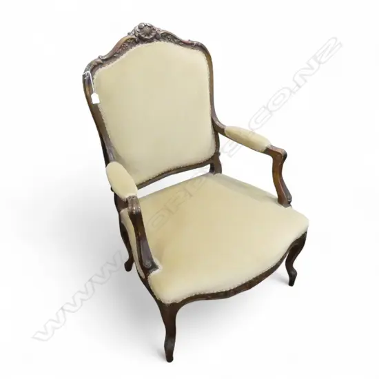 FRENCH FRUITWOOD OPEN ELBOW CHAIR FAWN UPOLSTERY