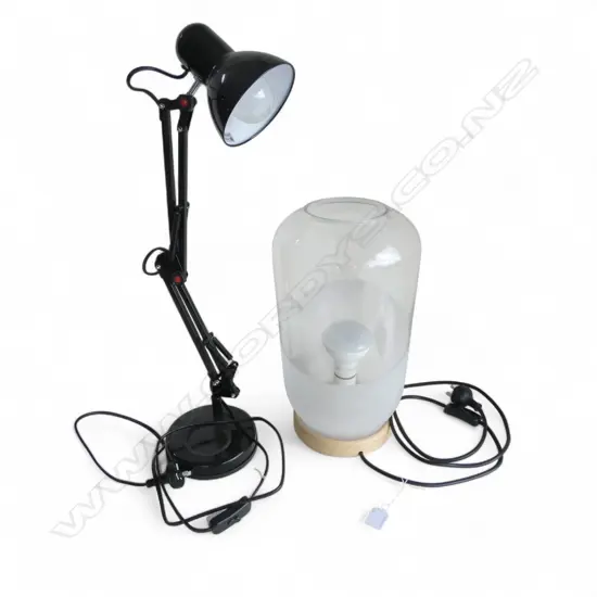 TWO MODERN TABLE LAMPS - ONE WITH GLASS SHADE TIMBER BASE 400 MM (h) ONE ANGLEPOISE STYLE 770 MM (h)