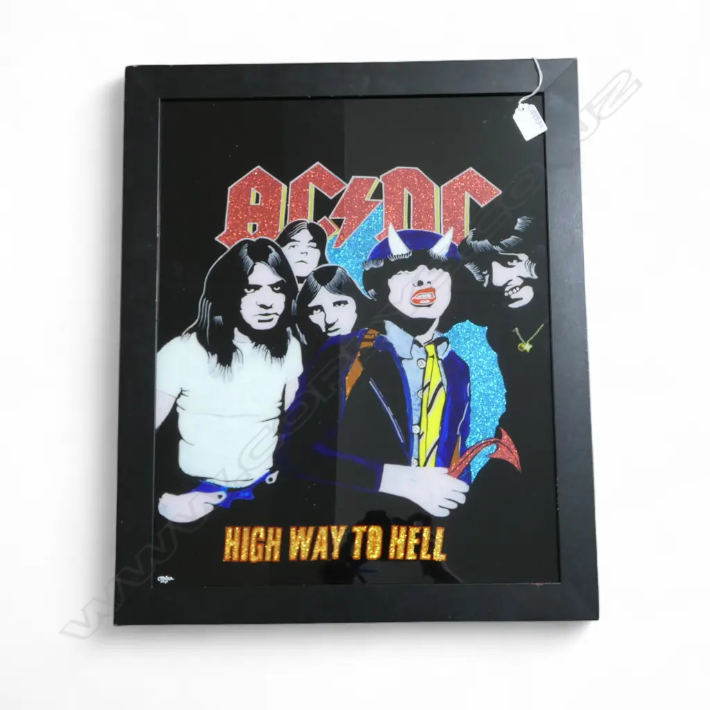 ACDC 'HIGHWAY TO HELL' PAINTING ON GLASS SIGNED OGGIE 485x390mm Image 1++