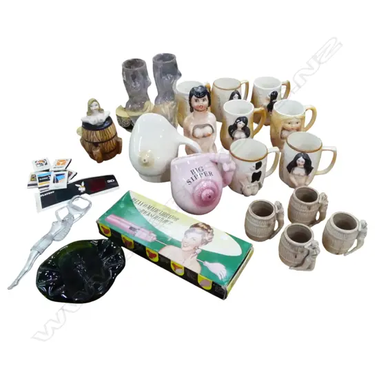 COLLECTION OF NOVELTY EROTIC MUGS ETC, MOSTLY JAPANESE