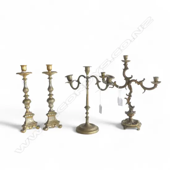 2 ANTIQUE CANDELABRA & PR BRASS CANDLESTICKS, H.370mm tallest