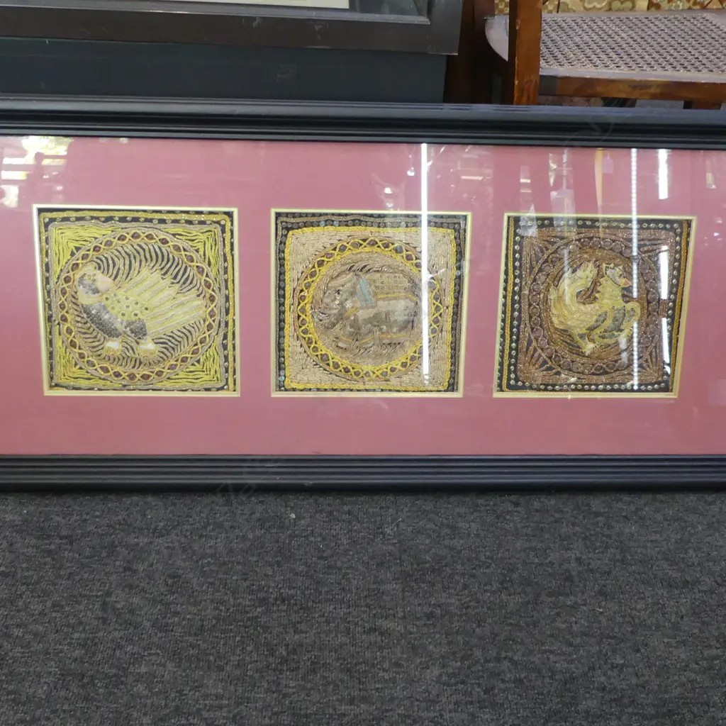 ARTWORK; 3 FRAMED BURMESE KALAGA 425x1030mm overall Image 1++
