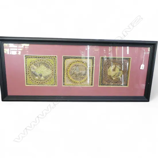 ARTWORK; 3 FRAMED BURMESE KALAGA 425x1030mm overall