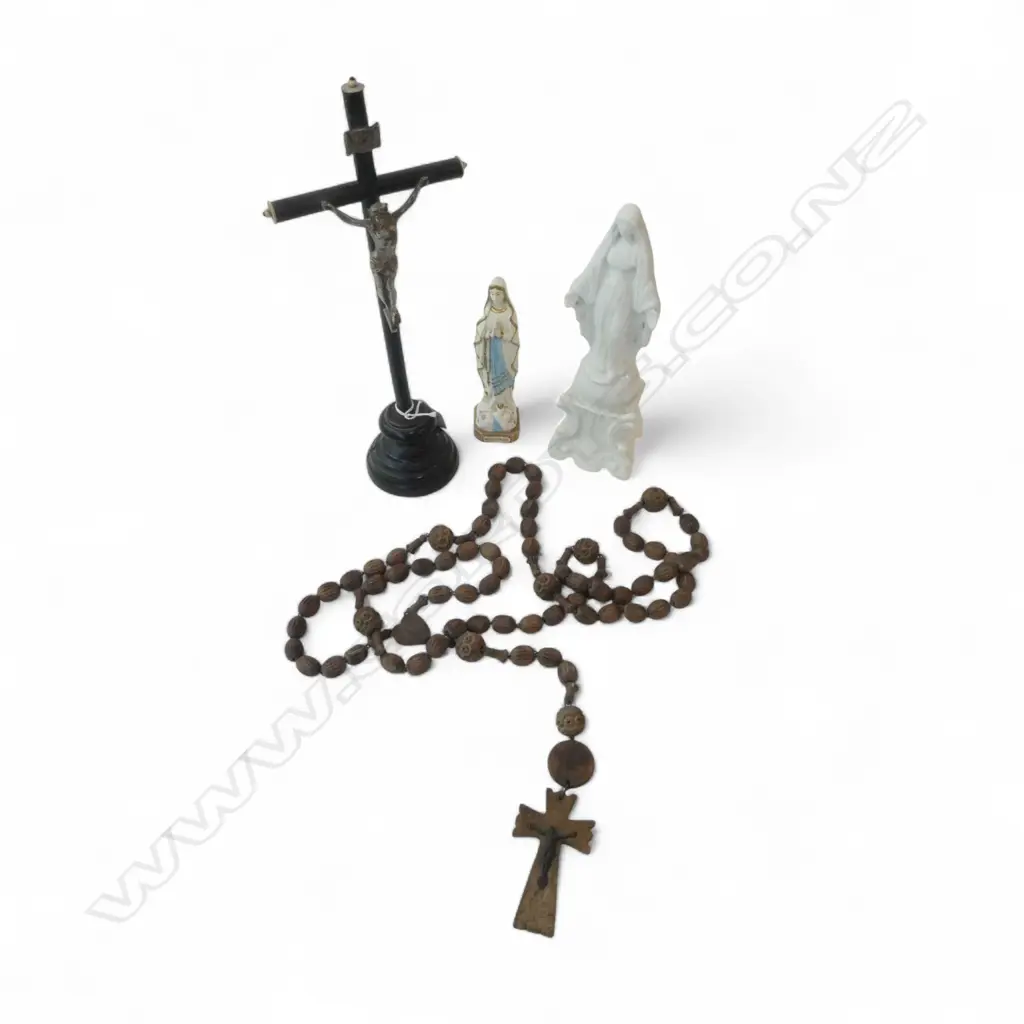 4 RELIGIOUS PCES; CRUCIFIX H.315mm, 2 MADONNA, WOODEN ROSARY Image 1++
