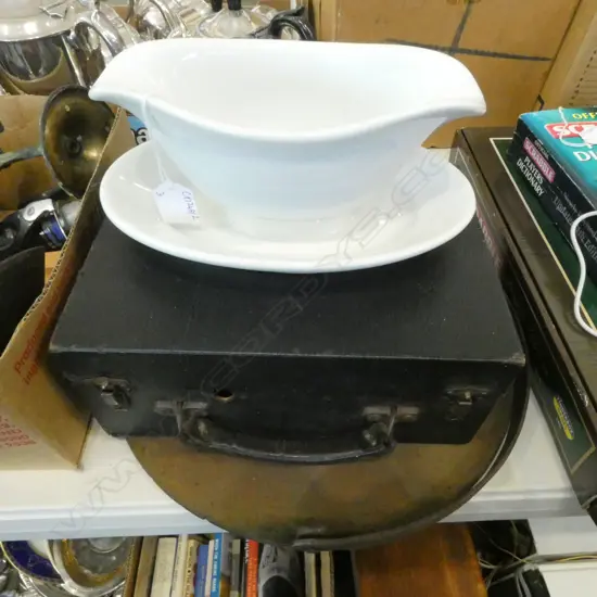 'PIXIE GRIPPA' PORTABLE GRAMOPHONE, GERMAN SAUCEBOAT, CAST IRON COOKING PLATE w. SWING HANDLE 350mm dia