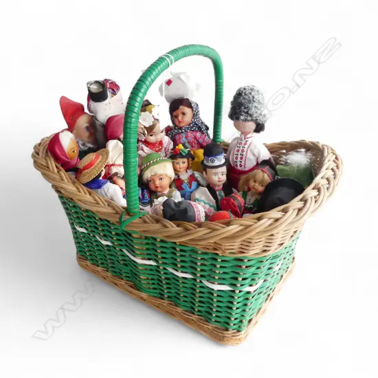VINTAGE COLLECTION OF DOLLS IN BASKET 
