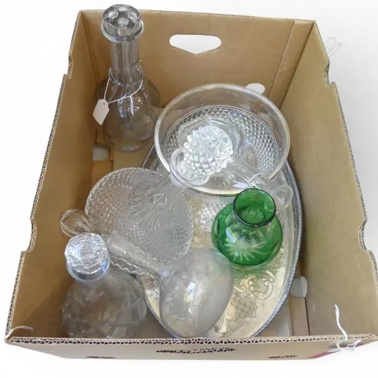 SILVER PLATE TRAY, LRG SILVER RIMMED CRYSTAL BOWL & CRYSTAL/GLASS DECANTERS & VASE