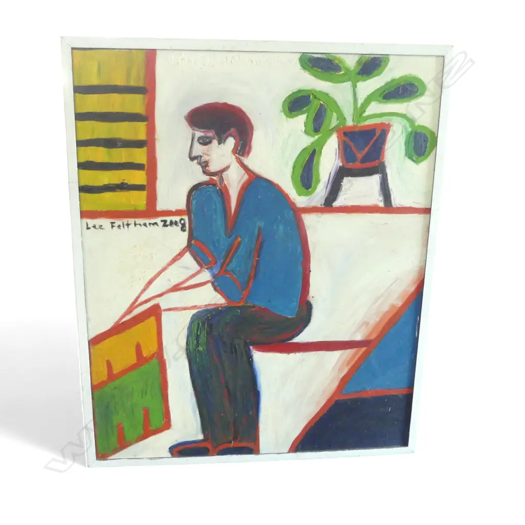 LEE FELTHAM, PORTRAIT OF A MAN SITTING WITH A PLANT, ACRYLIC ON BOARD, LGST 1200 X 950MM provenance below Image 1++