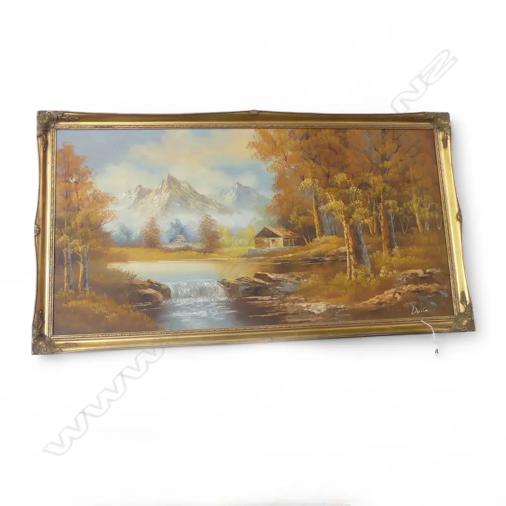 GILT FRAMED OIL RIVER & MOUNTAIN SCENR SIGNED H580 L1160MM Image 1++