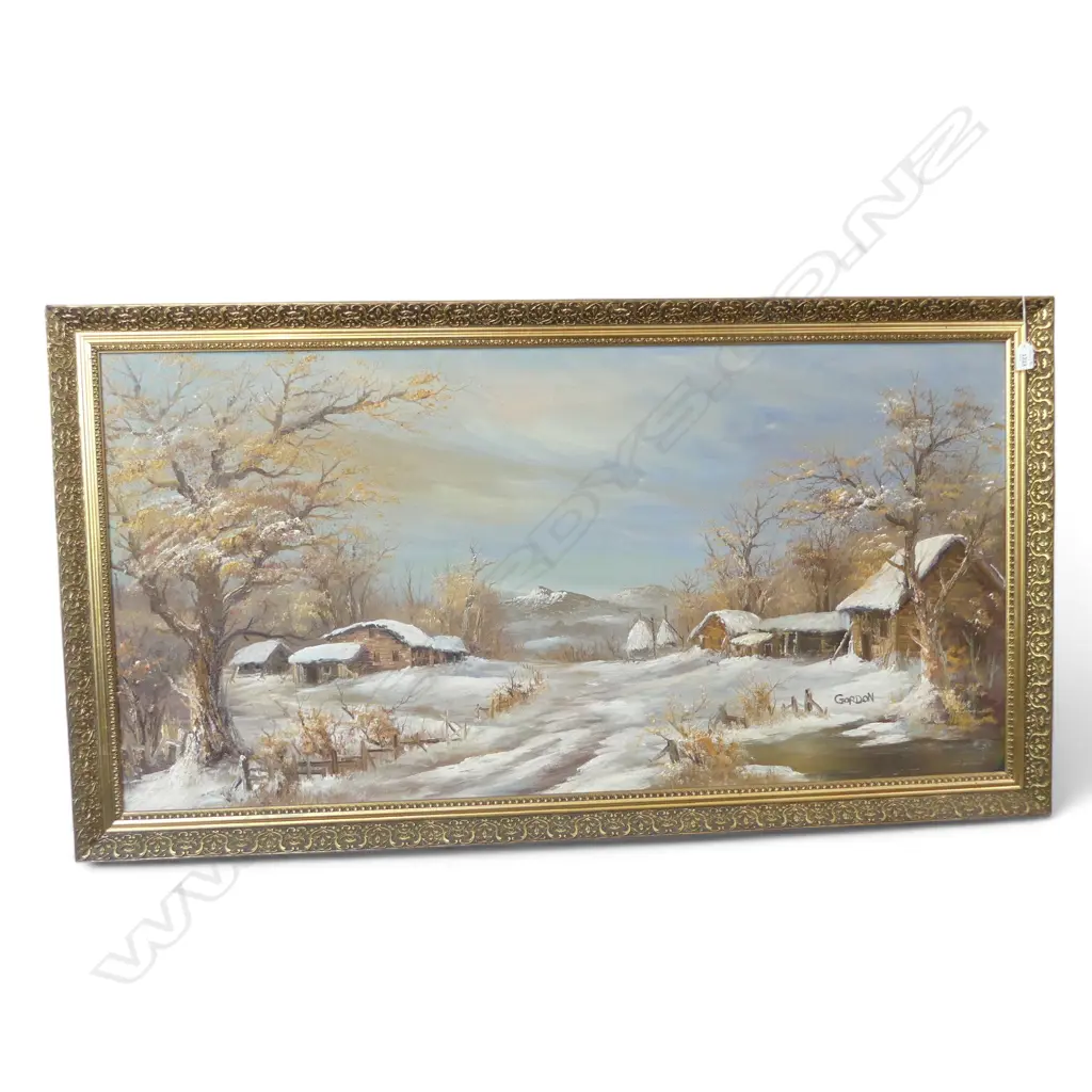 GILT FRAMED OIL ON BOARD WINTER FARM H590 W1190MM Image 1++