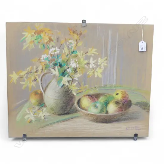 IDA EISE (NZ 1894-1978) 'VASE OF FLOWERS & BOWL OF APPLES' PASTEL ON BOARD 405x505mm SIGNED & DATED '76