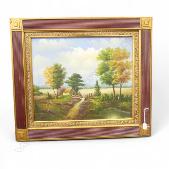 FRAMED OIL ON CANVAS COUNTRY COTTAGE H490 L600MM