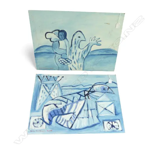 LEE FELTHAM, "INDIGENOUS CREATURE & FRIEND", ACRYLIC ON BOARD  x 2, LGST 430 X 600MM provenance below