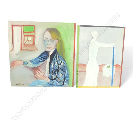 LEE FELTHAM, PORTRAITS, ACRYLIC ON BOARD  x 2, LGST 600 X 600MM provenance below