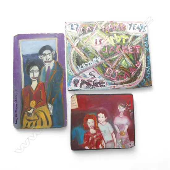 LEE FELTHAM, FAMILY PORTRAITS, ACRYLIC ON BOARD  x 3 (ONE DAMMAGED), LGST 500 X 600MM provenance below