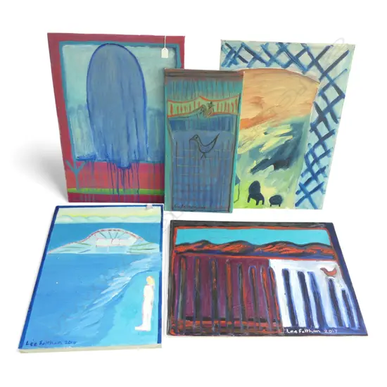 LEE FELTHAM, BLUEBERRY BLAST AND OTHERS, ACRYLIC ON CANVAS (ONE DAMAGED) x 5, LGST 700 X 500MM provenance below