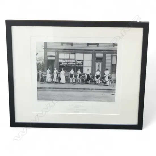 FRAMED REPRODUCTION TURNBULL LIBRARY PHOTOGRAPH ON ART PAPER, DISTRICT NURSES WITH THER BICYCLES 1914, 310x350mm
