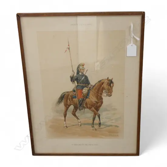 c.1900 FRENCH CHROMOLITHOGRAPH 'ARMEE FRANCAISE 3rd REGIMENT DE DRAGONS' FRAMED 440 X 315mm