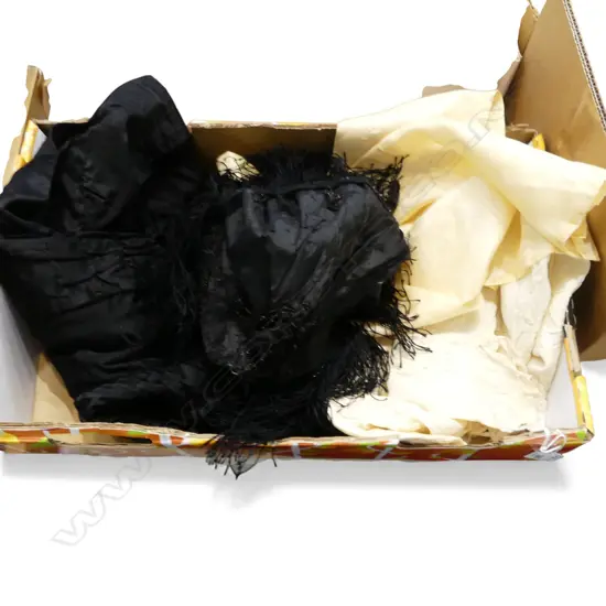 ASST VINTAGE COSTUME / LACE: small black jacket + Black beaded cape + bonnet + small lace pces