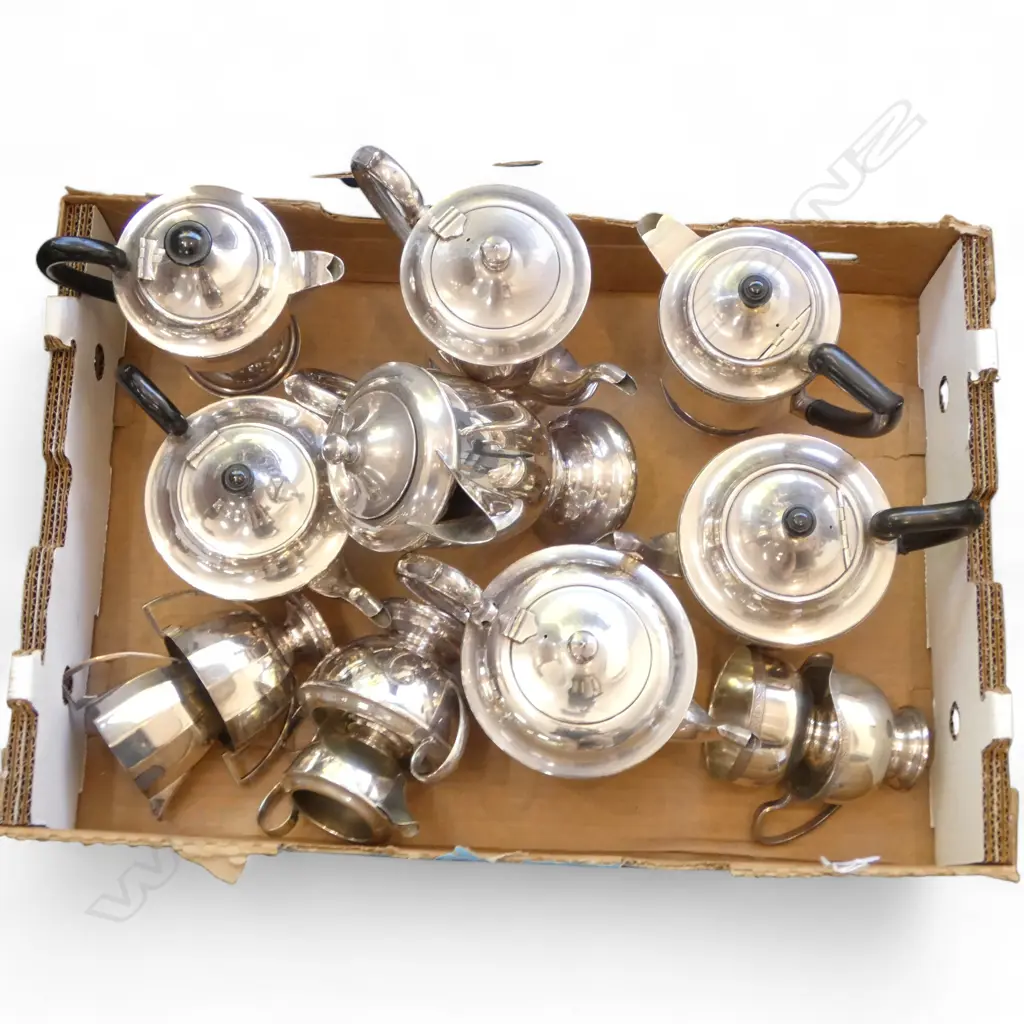 THREE SILVER PLATED TEA SETS – 13PCS TEAPOTS, MILK JUGS, SUGAR BOWLS ETC  Image 1++
