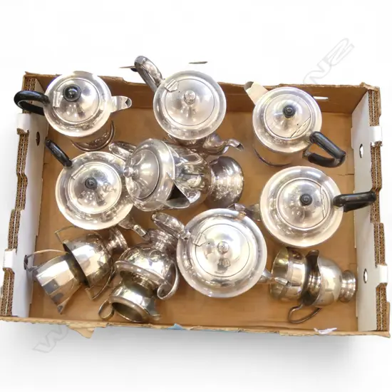 THREE SILVER PLATED TEA SETS – 13PCS TEAPOTS, MILK JUGS, SUGAR BOWLS ETC 