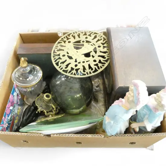 BOX LOT INCLDS; MANTLE CLOCK (working), VINTAGE CUTLERY SETS & GLASS PCS