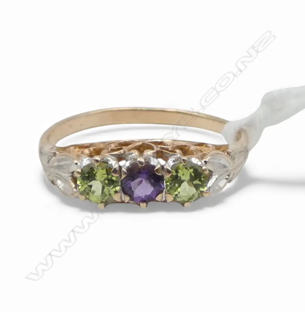 9CT ROSE GOLD PERIDOT & AMETHYST RING 2gms SIZE P Image 1++