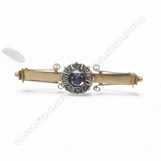 9CT GOLD SAPPHIRE AND OLD MINE CUT DIAMOND BROOCH 2.74 gms