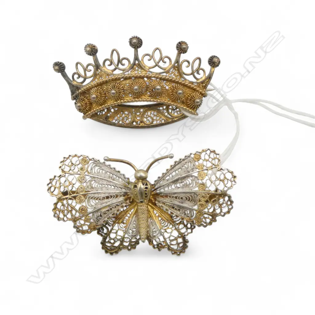 2 VINTAGE SILVER GILT DESIGNER BROOCHES: '800' fillagree butterfly + crown Image 1++