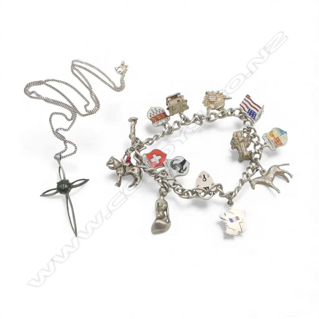 SILVER CHARM BRACELET + NECKLACE W SILVER & POUNAMU CROSS Image 1++