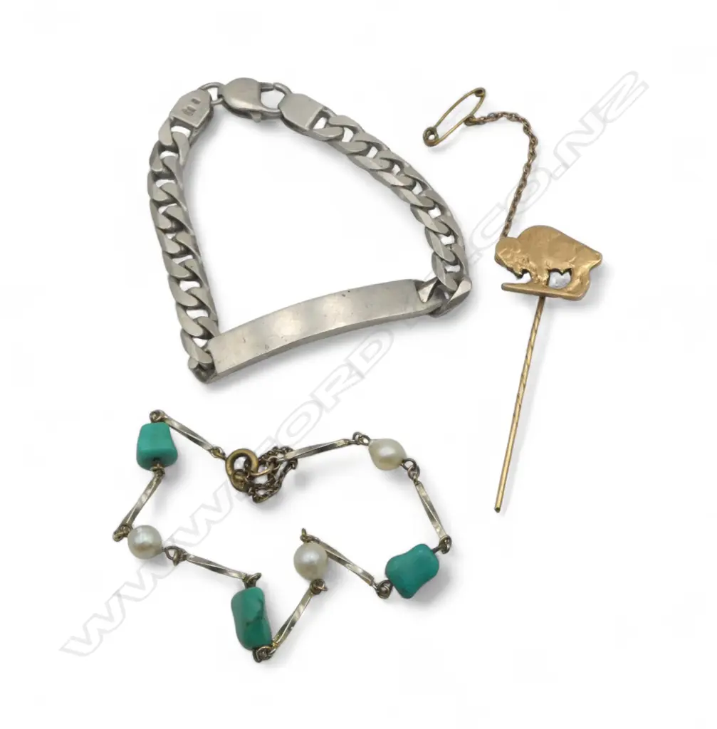ASST. JEWELLERY : Italian silver ID BRACELET + BUFFALO PIN + turquoise & pearl bracelet  Image 1++