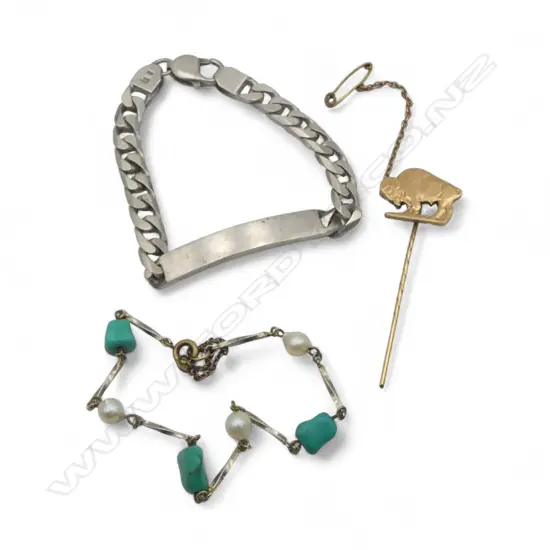 ASST. JEWELLERY : Italian silver ID BRACELET + BUFFALO PIN + turquoise & pearl bracelet 