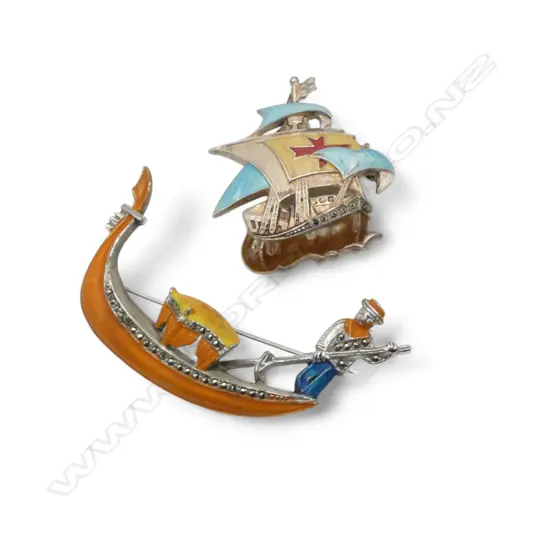 2 VINTAGE ENAMELLED BROOCHES: Galleon probably silver + gondola probably plated 