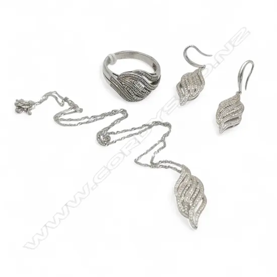 3 PCE 925 SILVER & DIAMOND SET; PENDANT NECKLACE, RING size X, PR EARRINGS, 13.7gms