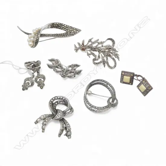 ASST. SILVER MARCASITE & PEARL BROOCHES, EARRINGS